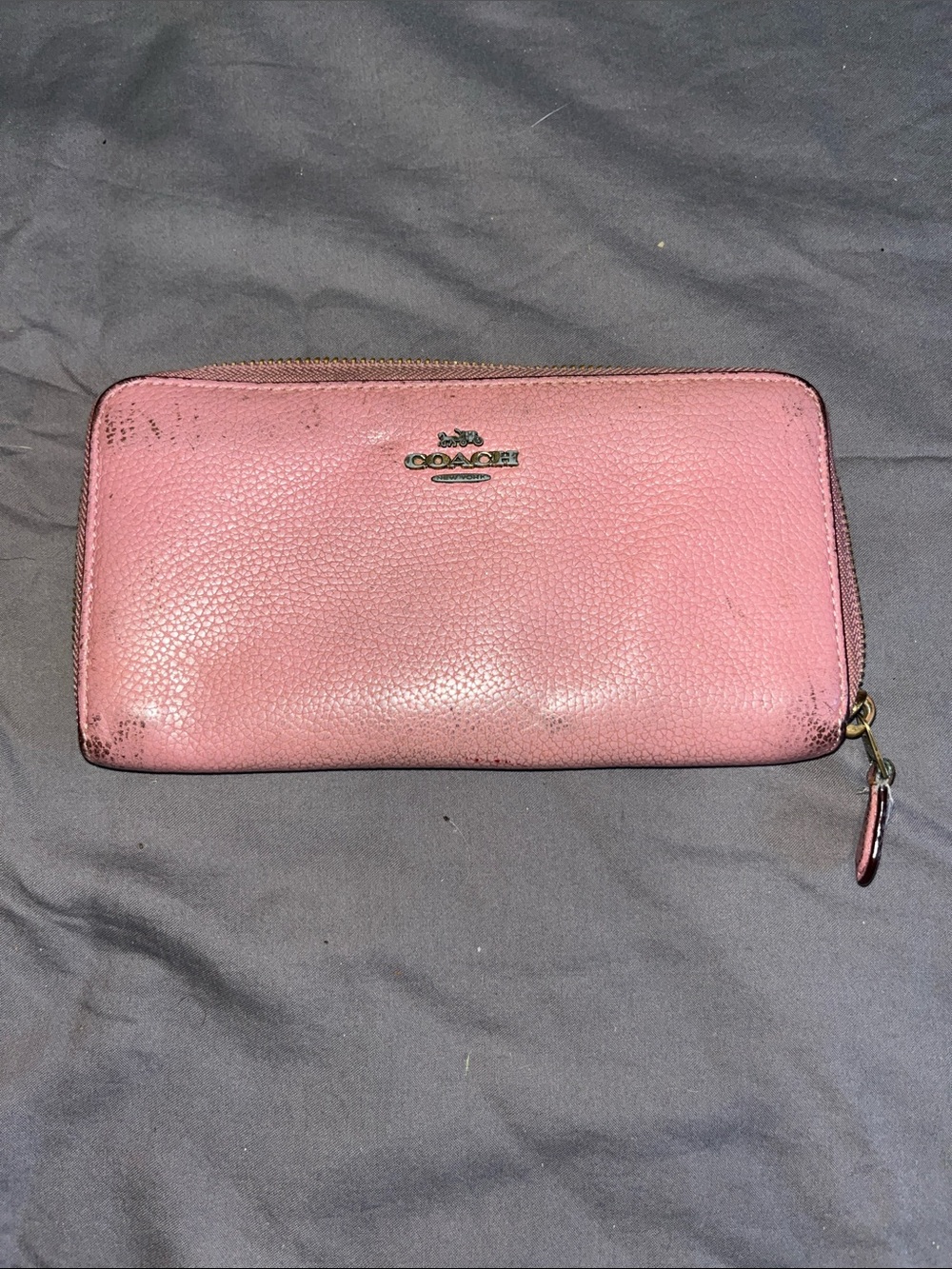 COACH Pink Pebbled Leather Zip-Around Wallet with Logo